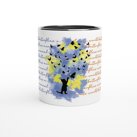 Gato jugando con mariposas – Taza Artística vista frontal | minimalcatdesign