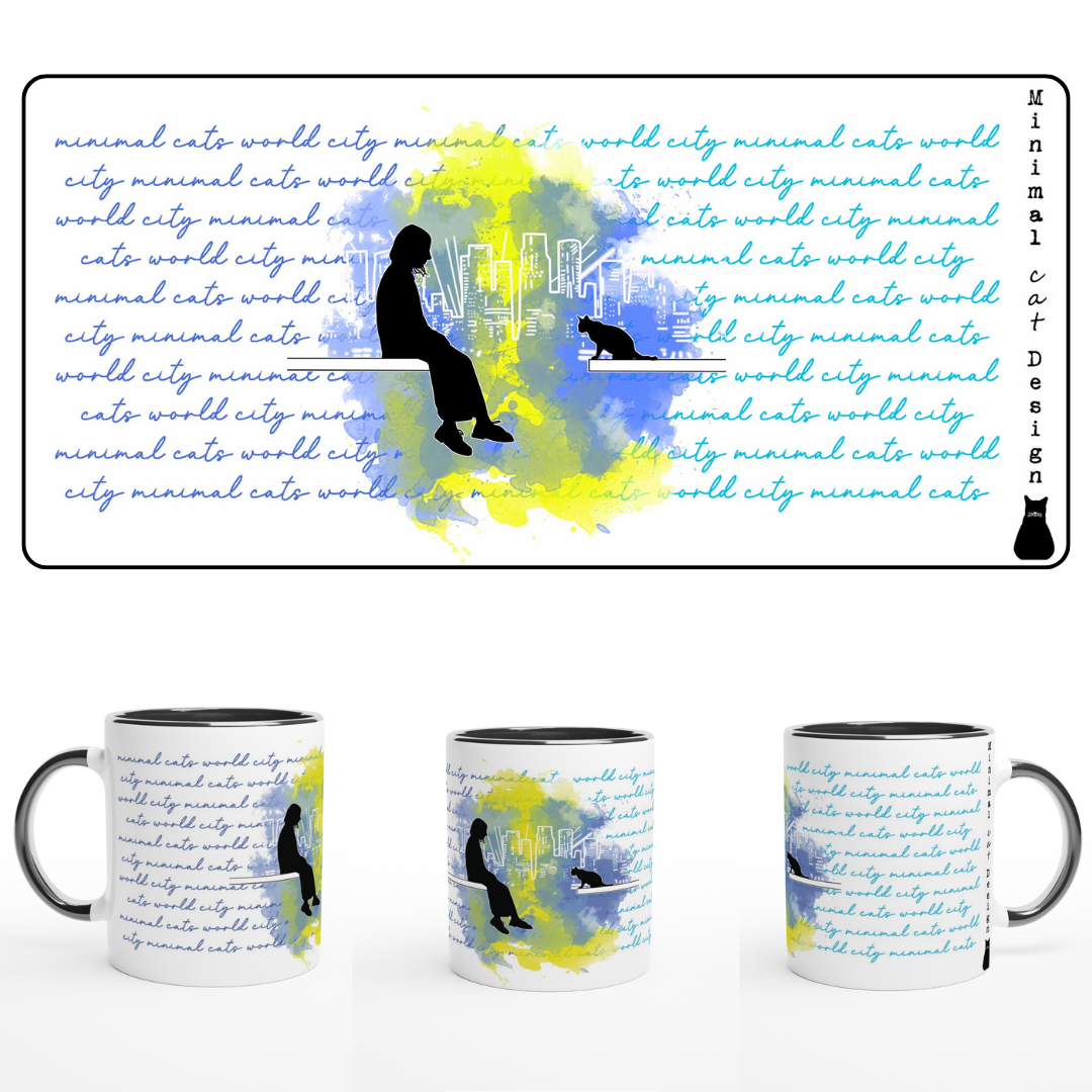 Gato y mujer en la ciudad – Taza Artística | minimalcatdesign