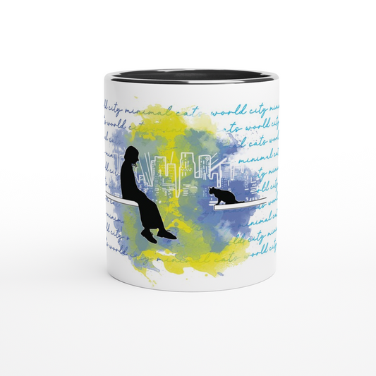 Gato y mujer en la ciudad – Taza Artística vista central | minimalcatdesign