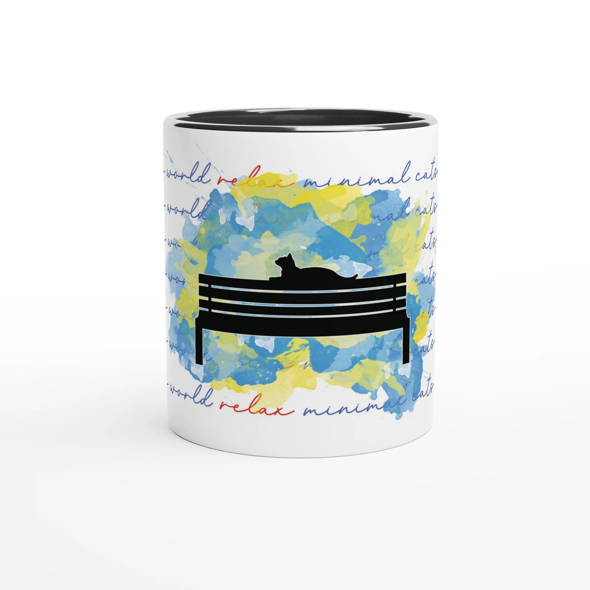 Gato tumbado en banco – Taza Artística vista frontal | minimalcatdesign
