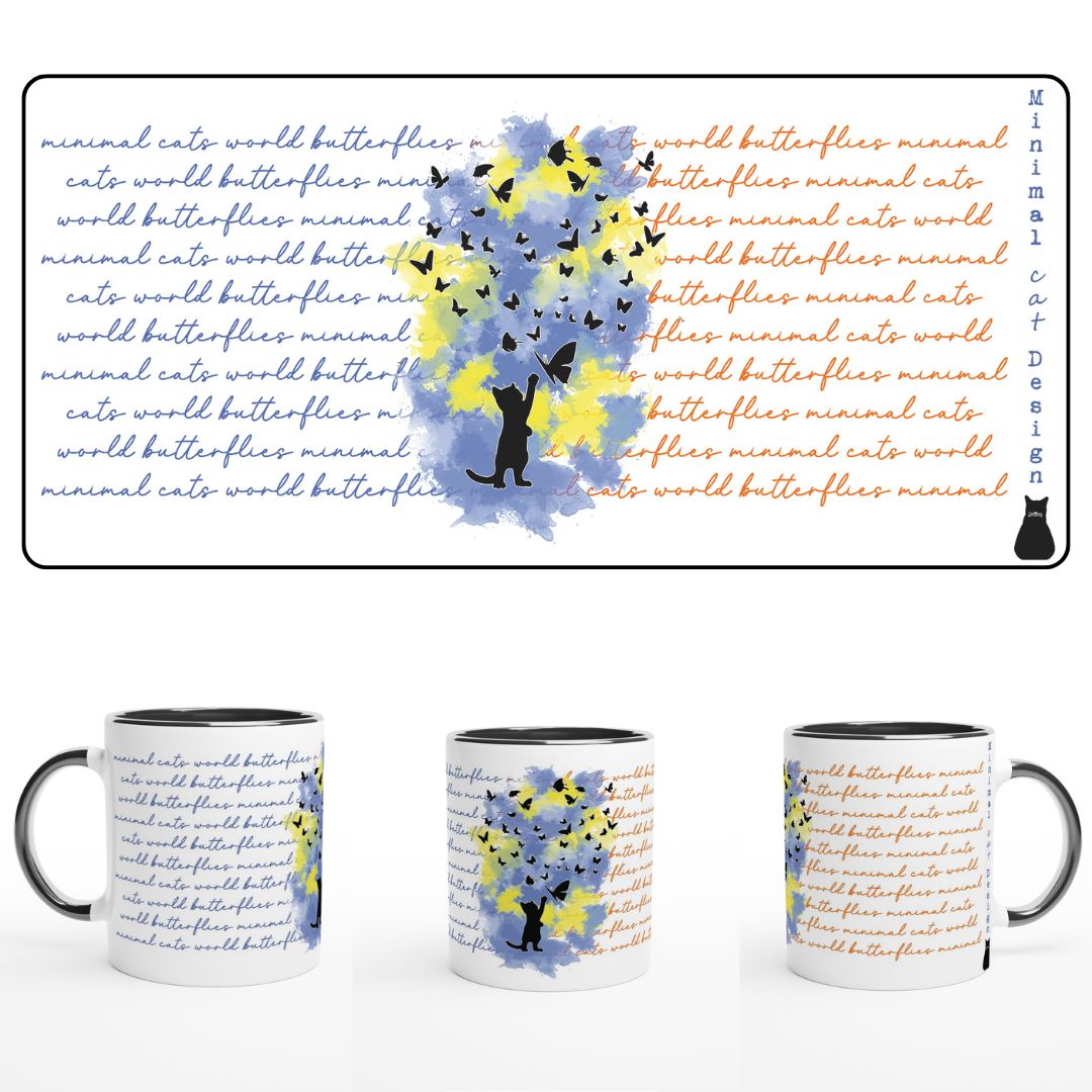 Gato jugando con mariposas – Taza Artística | minimalcatdesign