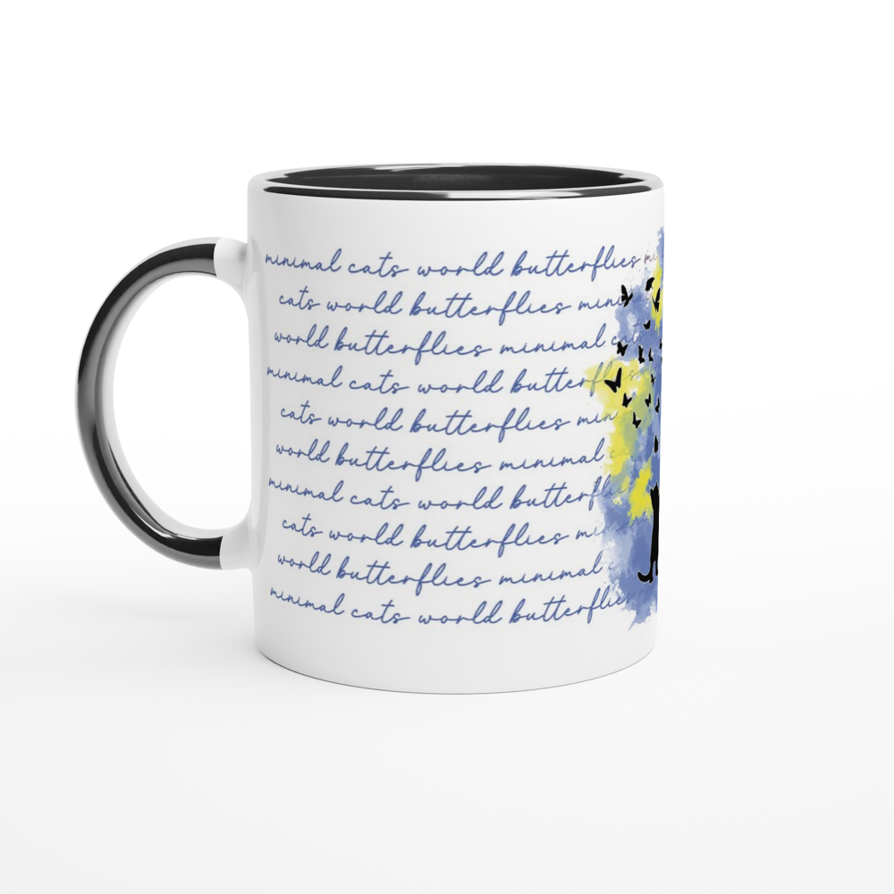 Gato jugando con mariposas – Taza Artística vista izquierda| minimalcatdesign