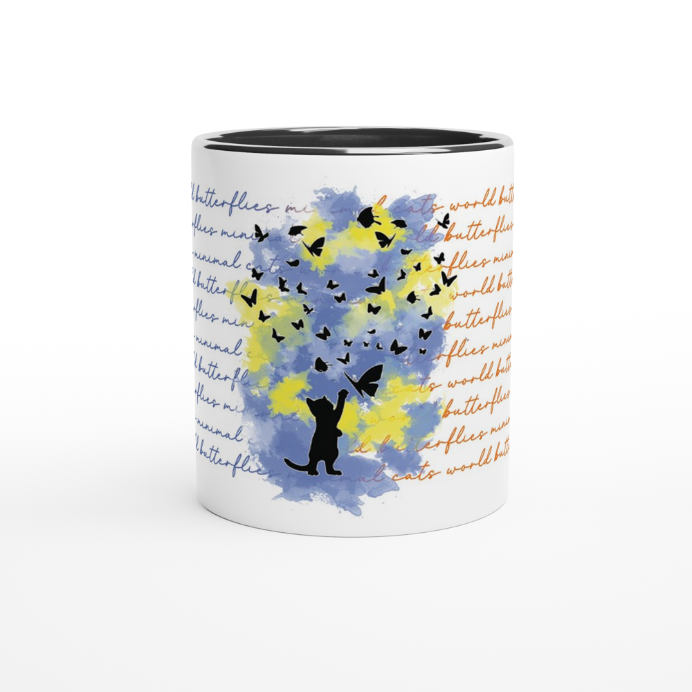 Gato jugando con mariposas – Taza Artística vista frontal | minimalcatdesign