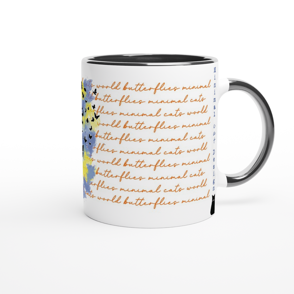 Gato jugando con mariposas – Taza Artística vista derecha | minimalcatdesign